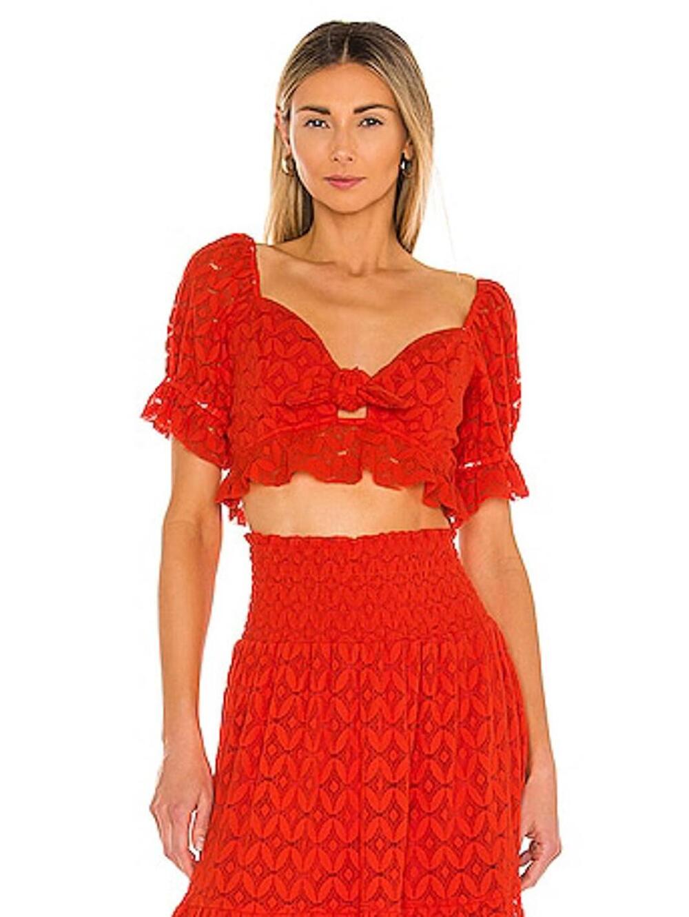 Show Me Your Mumu Red Coco Lace Puff Sleeve Crop Top Medium Boho Festival